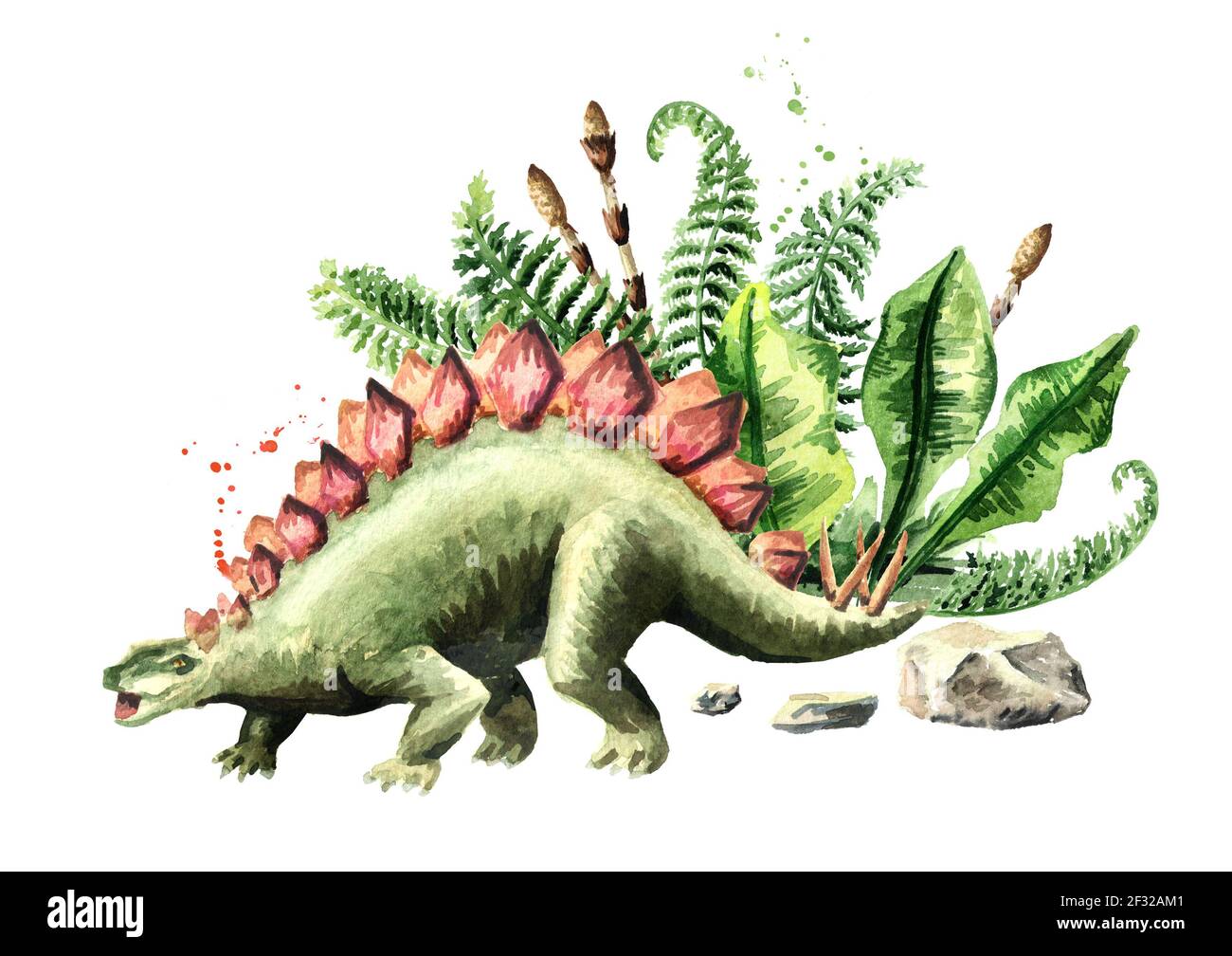 Stegosaurus Dinosaurier mit prähistorischem. Aquarell handgezeichnete Illustration, isoliert auf weißem Hintergrund Stockfoto