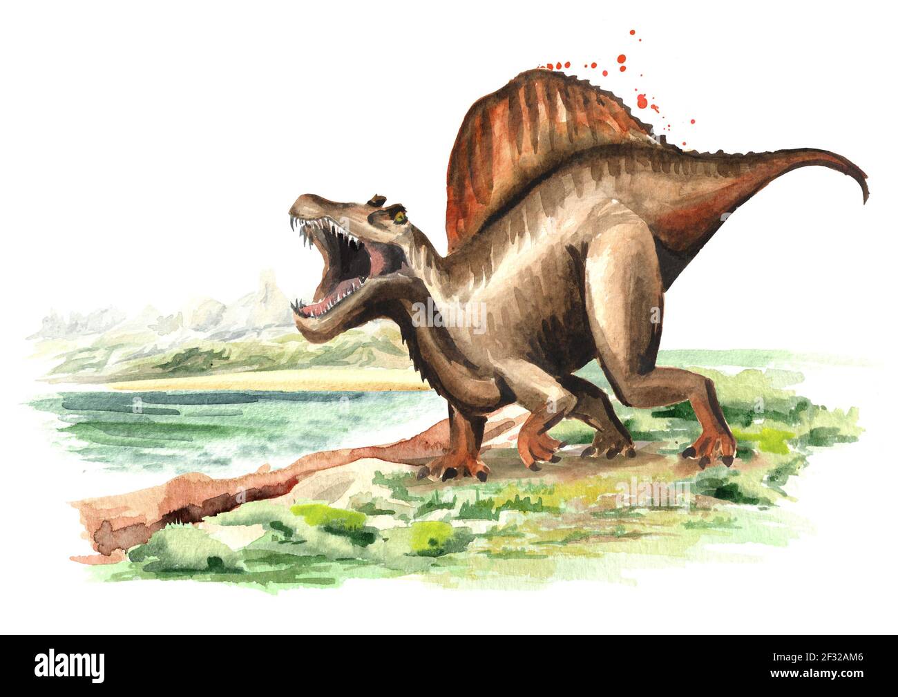 Spinosaurus Dinosaurier in prähistorischer Landschaft. Aquarell handgezeichnete Illustration, isoliert auf weißem Hintergrund Stockfoto