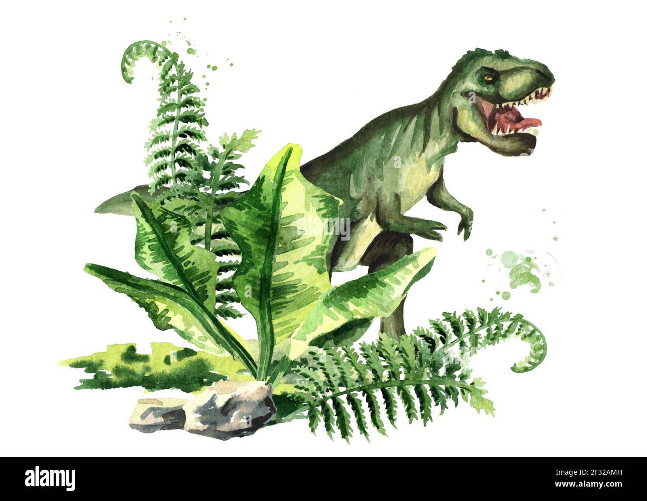 Dinosaurier Tyrannosaurus Rex in prähistorischer Landschaft. Aquarell handgezeichnete Illustration, isoliert auf weißem Hintergrund Stockfoto