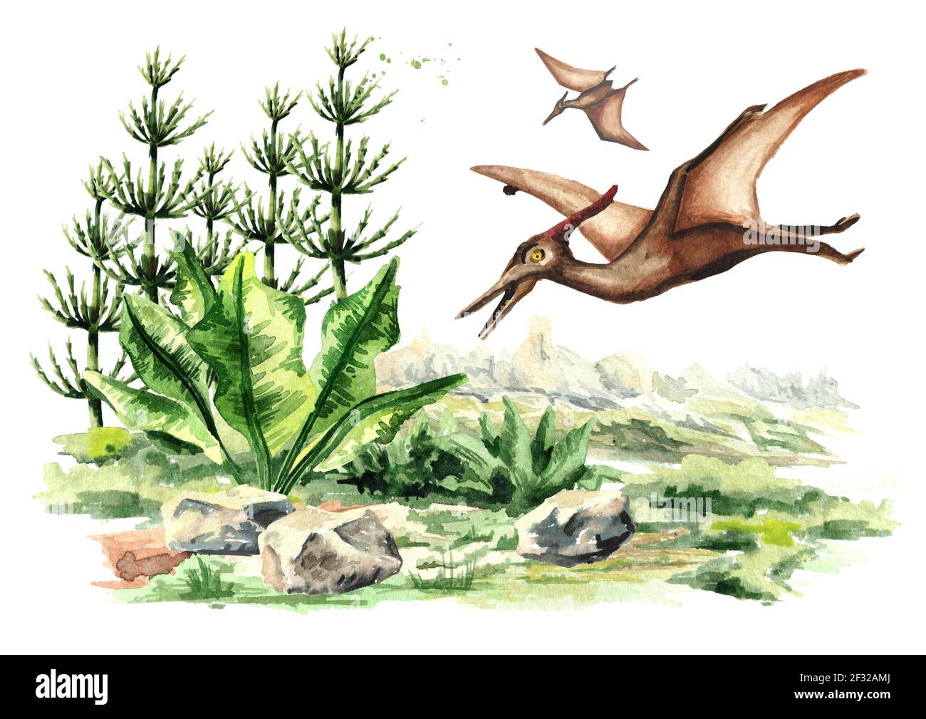 Pterodactyl Dinosaurier in prähistorischer Landschaft. Aquarell handgezeichnete Illustration isoliert auf weißem Hintergrund Stockfoto