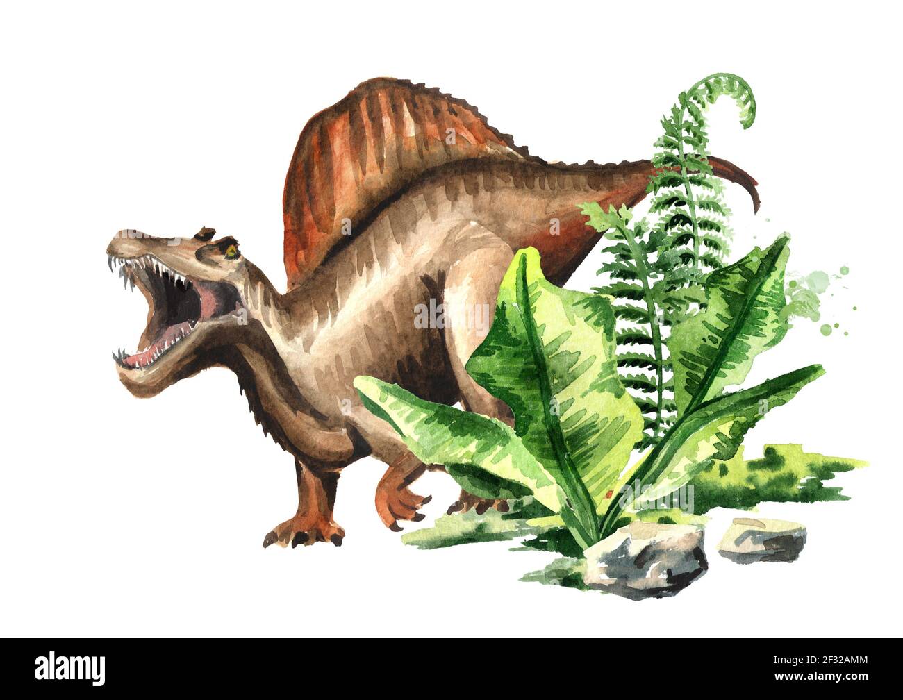 Spinosaurus Dinosaurier mit prähistorischen Pflanzen. Aquarell handgezeichnete Illustration, isoliert auf weißem Hintergrund Stockfoto