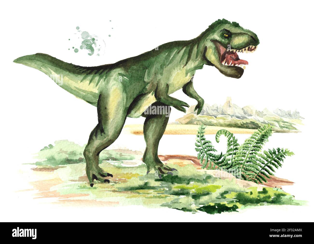 Tyrannosaurus Dinosaurier in prähistorischer Landschaft. Aquarell handgezeichnete Illustration, isoliert auf weißem Hintergrund Stockfoto
