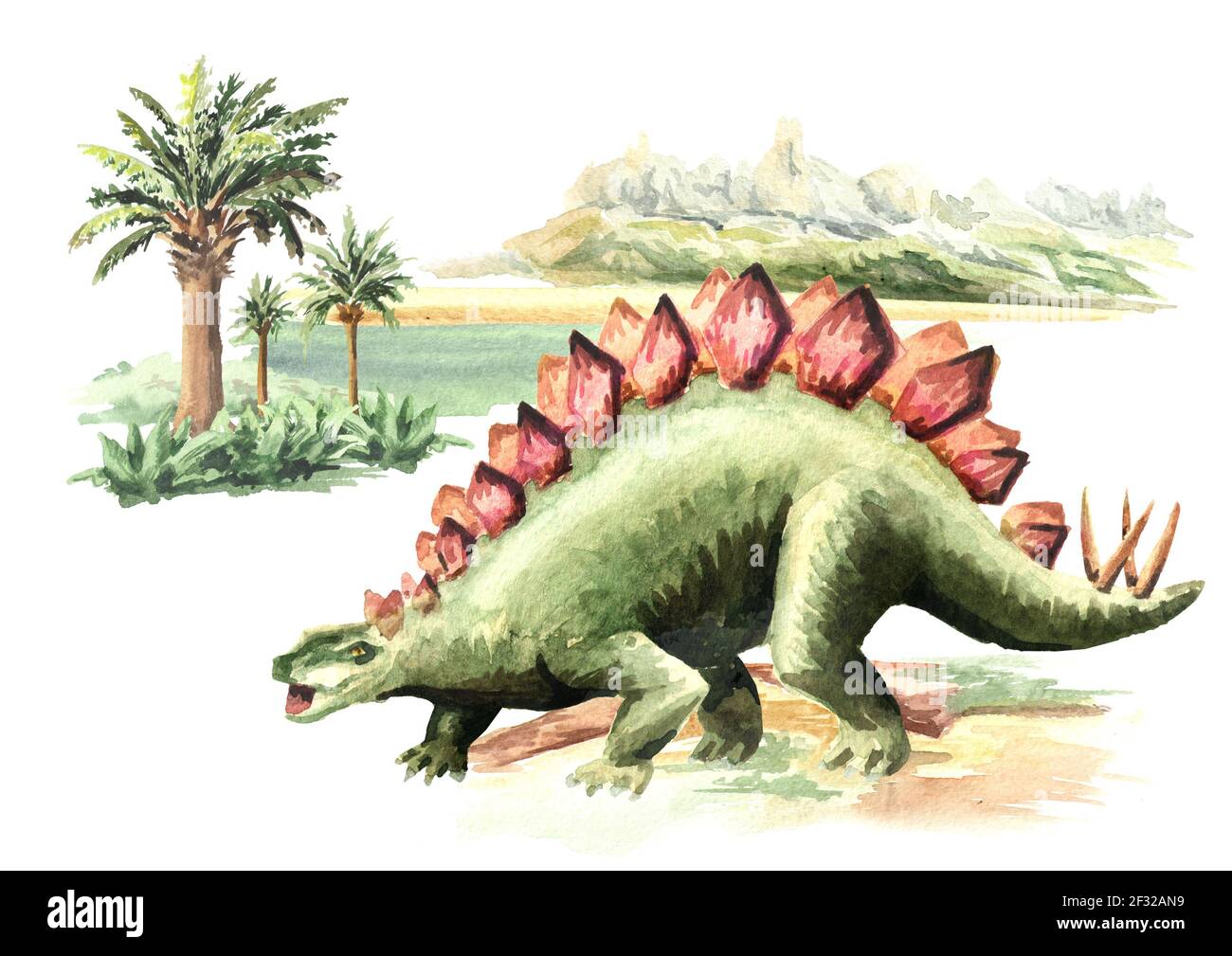 Stegosaurus Dinosaurier in prähistorischer Landschaft. Aquarell handgezeichnete Illustration, isoliert auf weißem Hintergrund Stockfoto