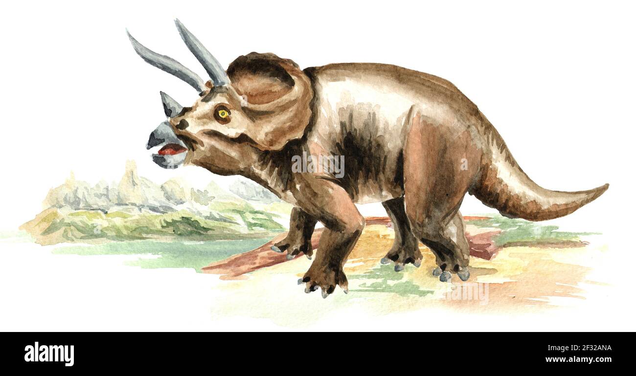 Triceratops Dinosaurier in prähistorischer Landschaft. Aquarell handgezeichnete Illustration, isoliert auf weißem Hintergrund Stockfoto