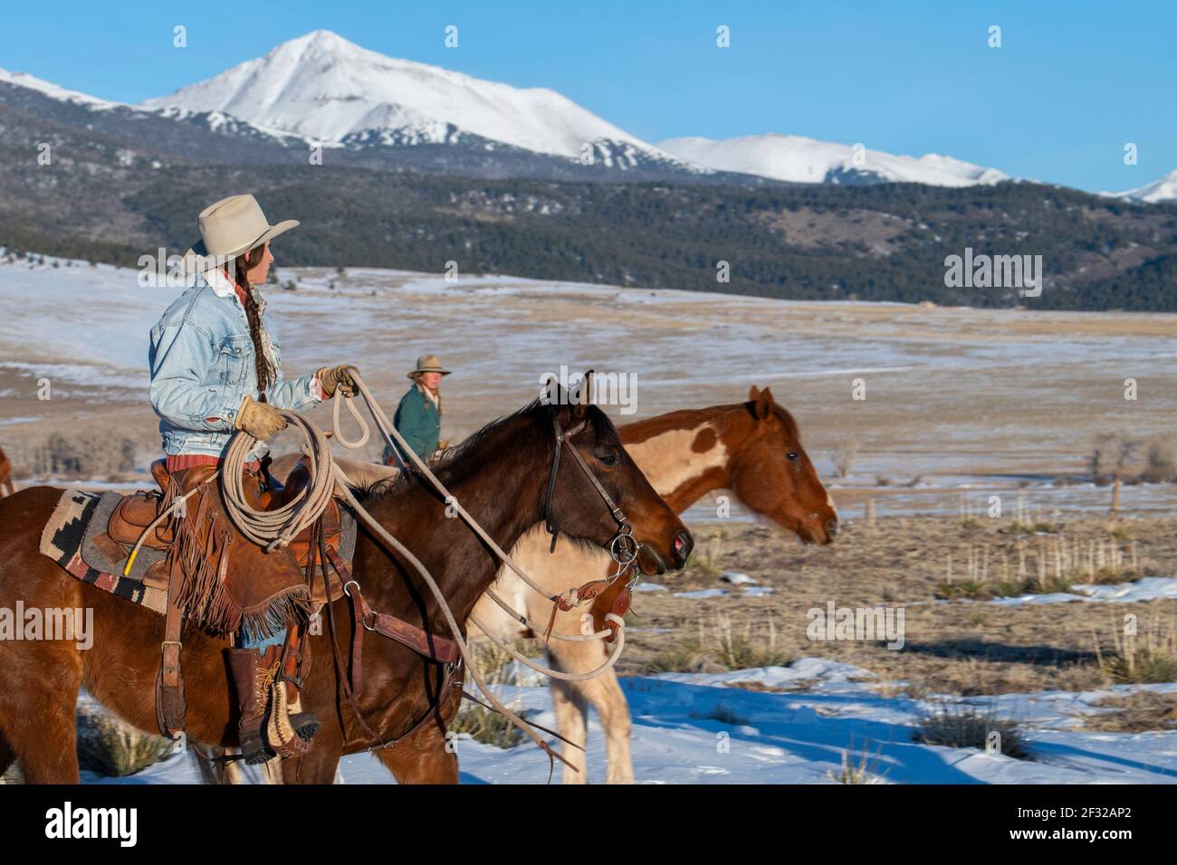Colorado, Westcliffe, Music Meadows Ranch. Weibliche Ranch Hände in typischen westlichen Ranch Kleidung im Winter. Modell Freigegeben. Sangre de Cristo Berge. Stockfoto