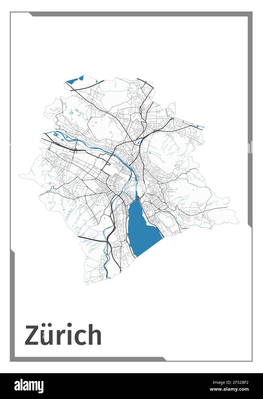 Kartenplakat Zürich, Grundriss Verwaltungsgebiet. Schwarz, weiß und blau Detailkarte der Stadt Zürich mit Flüssen und Straßen. Umreißen Sie die Silhouette Stock Vektor