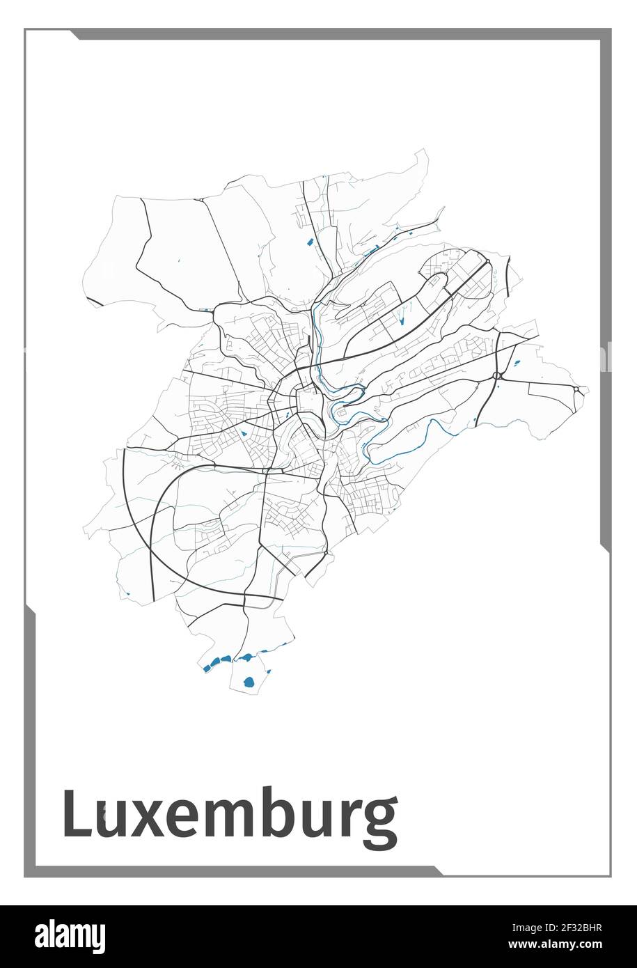 Luxemburg Stadtplan Poster, administrative Fläche Grundriss Ansicht. Schwarz, weiß und blau detaillierte Design-Karte der Stadt Luxemburg mit Flüssen und Straßen. Outli Stock Vektor