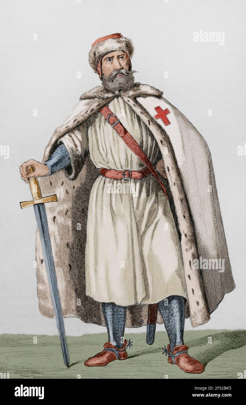 Livonischer Bruder des Schwertes. Gravur von Lemaitre, Vernier und Pigeot. Geschichte Russlands von Jean Marie Chopin (1796-1870). Panorama Universal, spanische Ausgabe, 1839. Spätere Färbung. Stockfoto