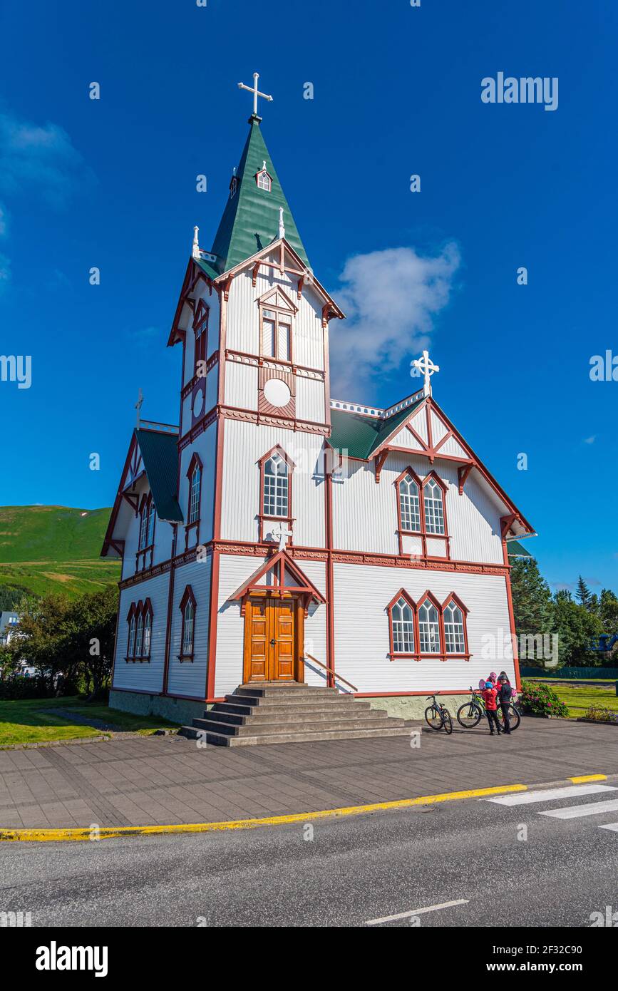 Husavik, Island, 17. August 2020: Husaviker Holzkirche auf Island Stockfoto