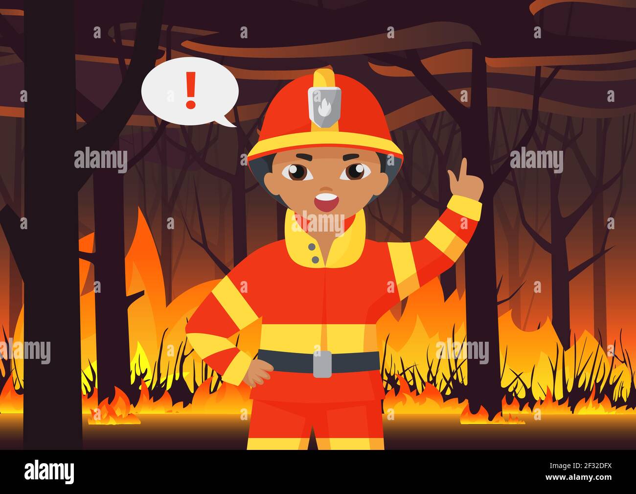 Feuerwehrmann Kind Junge Feuerwehrmann in Schutzuniform Warnung vor Waldbrand Katastrophe Stock Vektor