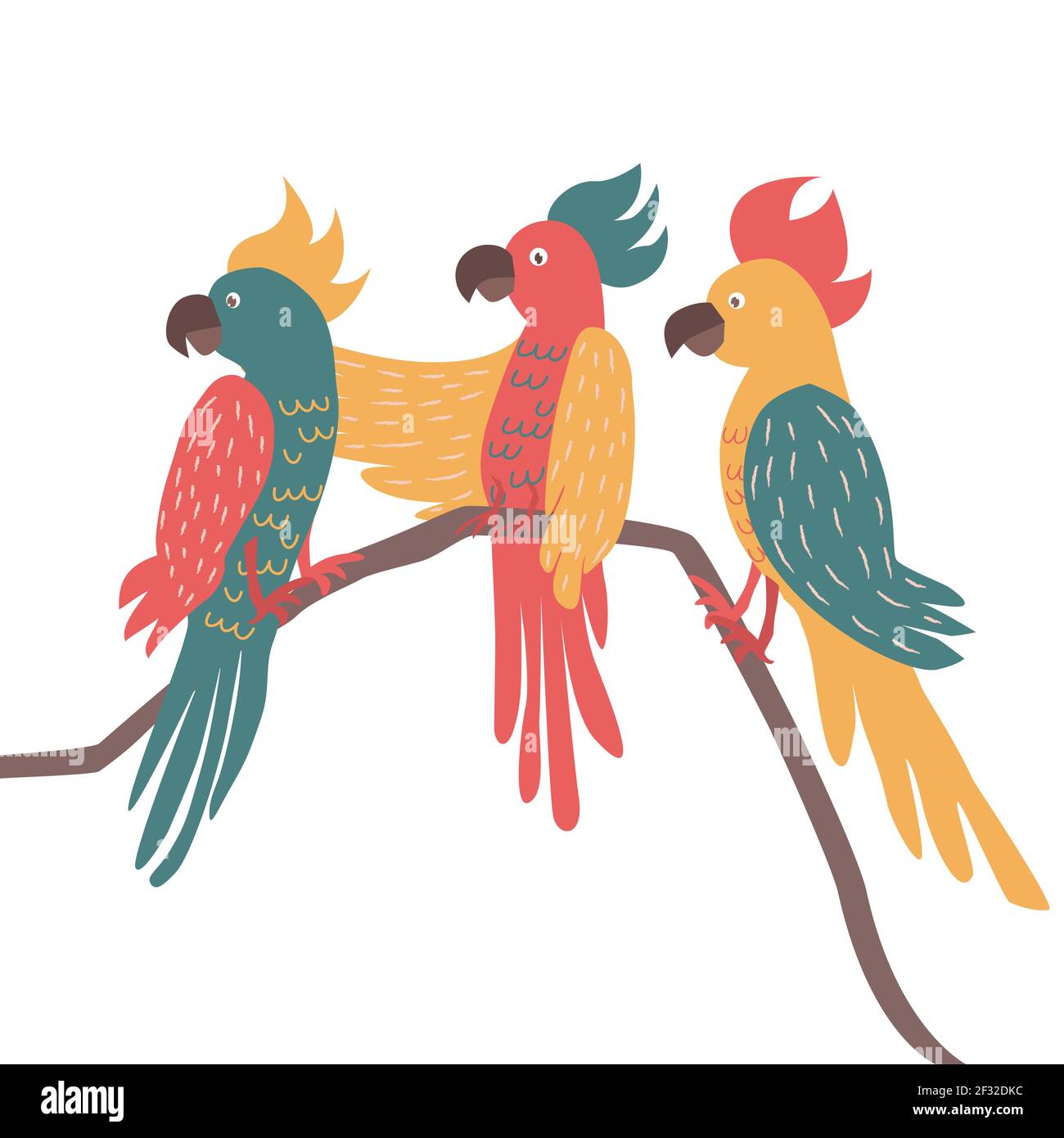 Drei exotische Papageien sitzen auf Brunches. Tropische Vögel und Papagei Sammlung Vektor Illustration Stock Vektor