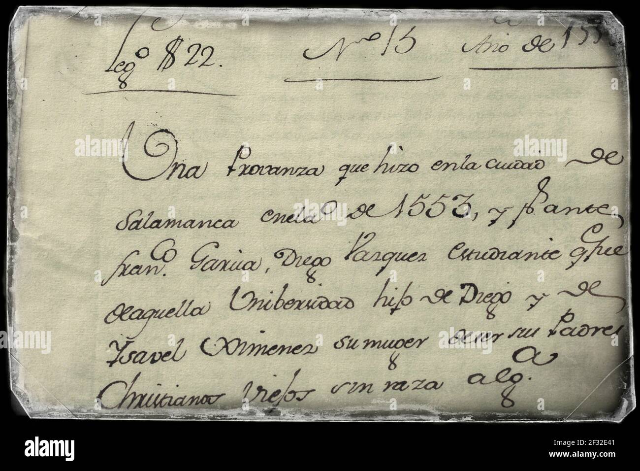 Detail eines Manuskripts aus dem 16th. Jahrhundert in Altspan Stockfoto