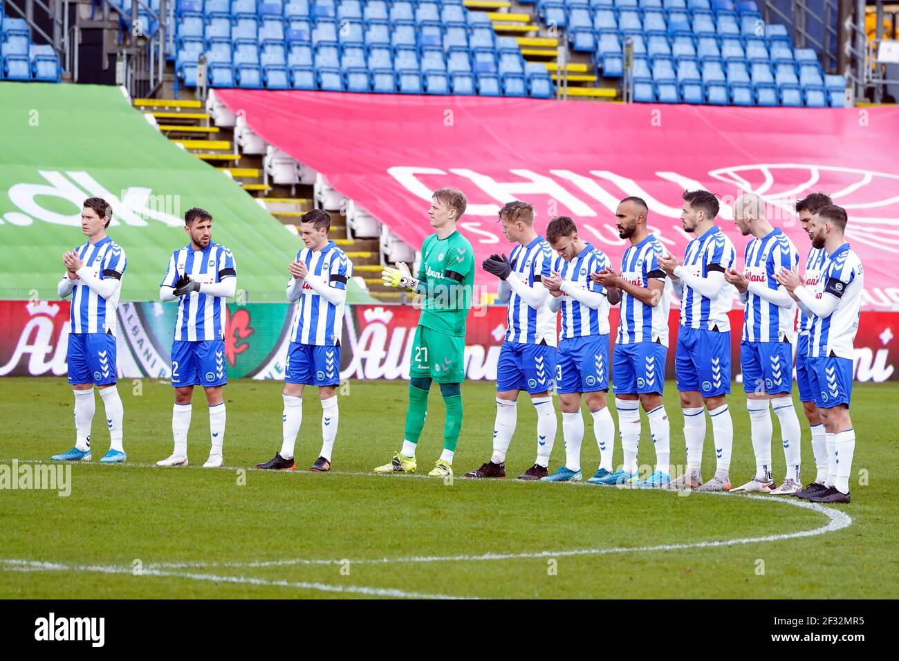 Odense, Dänemark. März 2021, 14th. Die Spieler von ob gesehen während der Superliga-Spiel 3F zwischen Odense Boldklub und Broendby IF im Natur-Energiepark in Odense. (Foto Kredit: Gonzales Foto/Alamy Live News Stockfoto