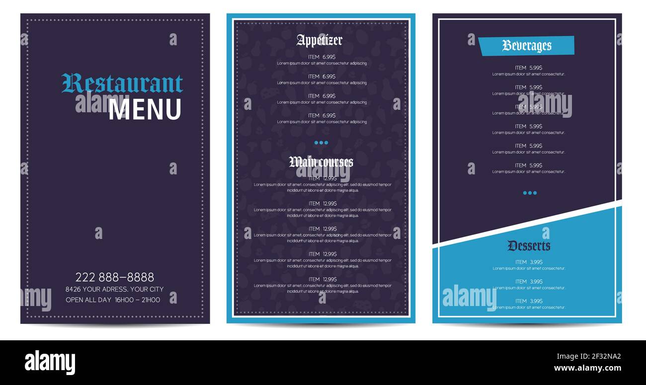 Restaurant Menü Flyer Vorlage Design Vektor lila und blau Stock Vektor
