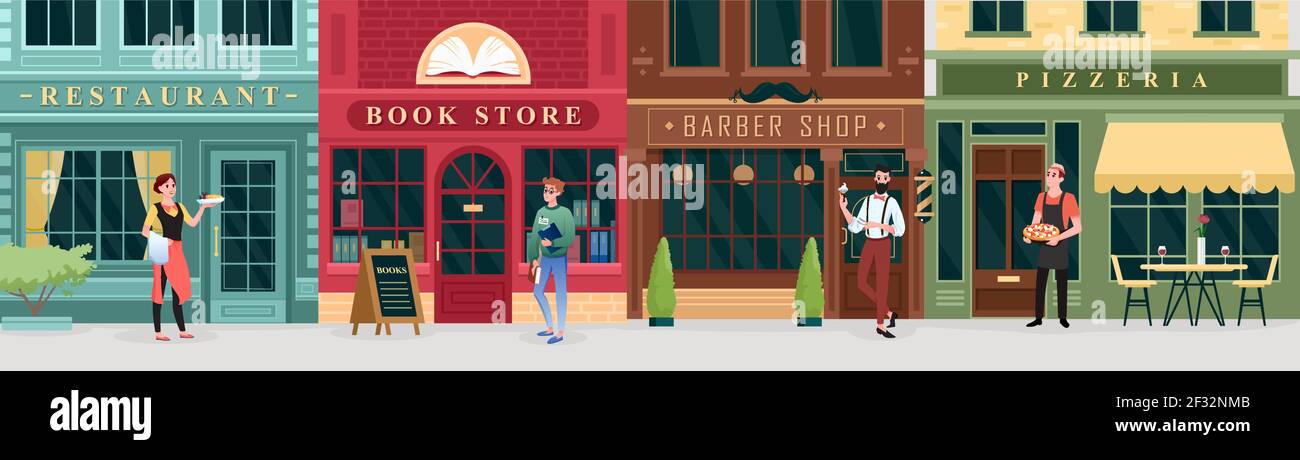 City Shopping, Retro Street Store Gebäude und Arbeiter, Koch Kellner Student Charaktere Stock Vektor