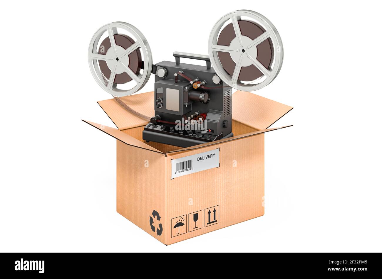 Filmprojektor im Karton, Lieferkonzept. 3D Rendering isoliert auf weißem Hintergrund Stockfoto