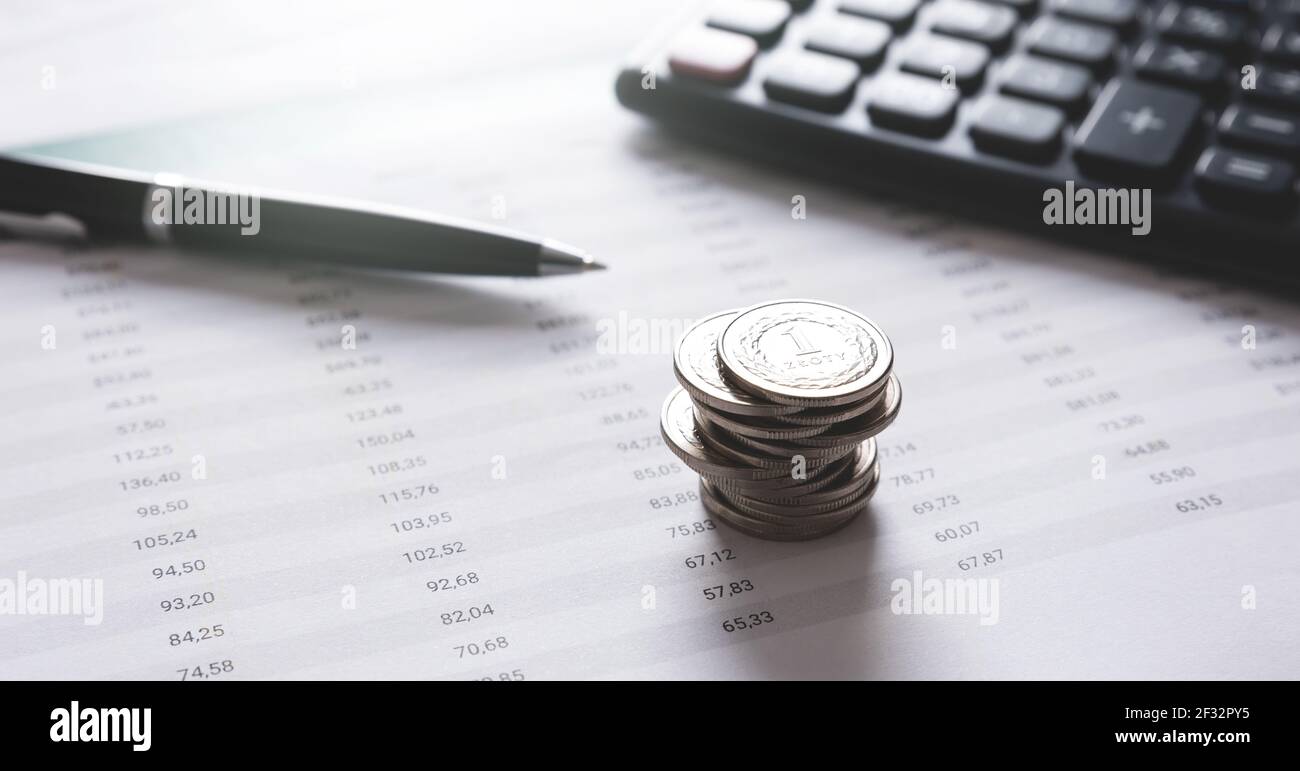 Finanzbuchhaltung, Budgetierung, Börsenkonzept. Polnischer Münzstapel Stockfoto