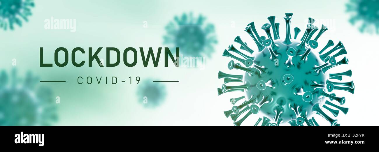 Lockdown-Konzept mit coronavirus 3D Render-Konzept. COVID-19 Pandemie. Virusmikroskop-Ansicht, Nahaufnahme Grafik Stockfoto
