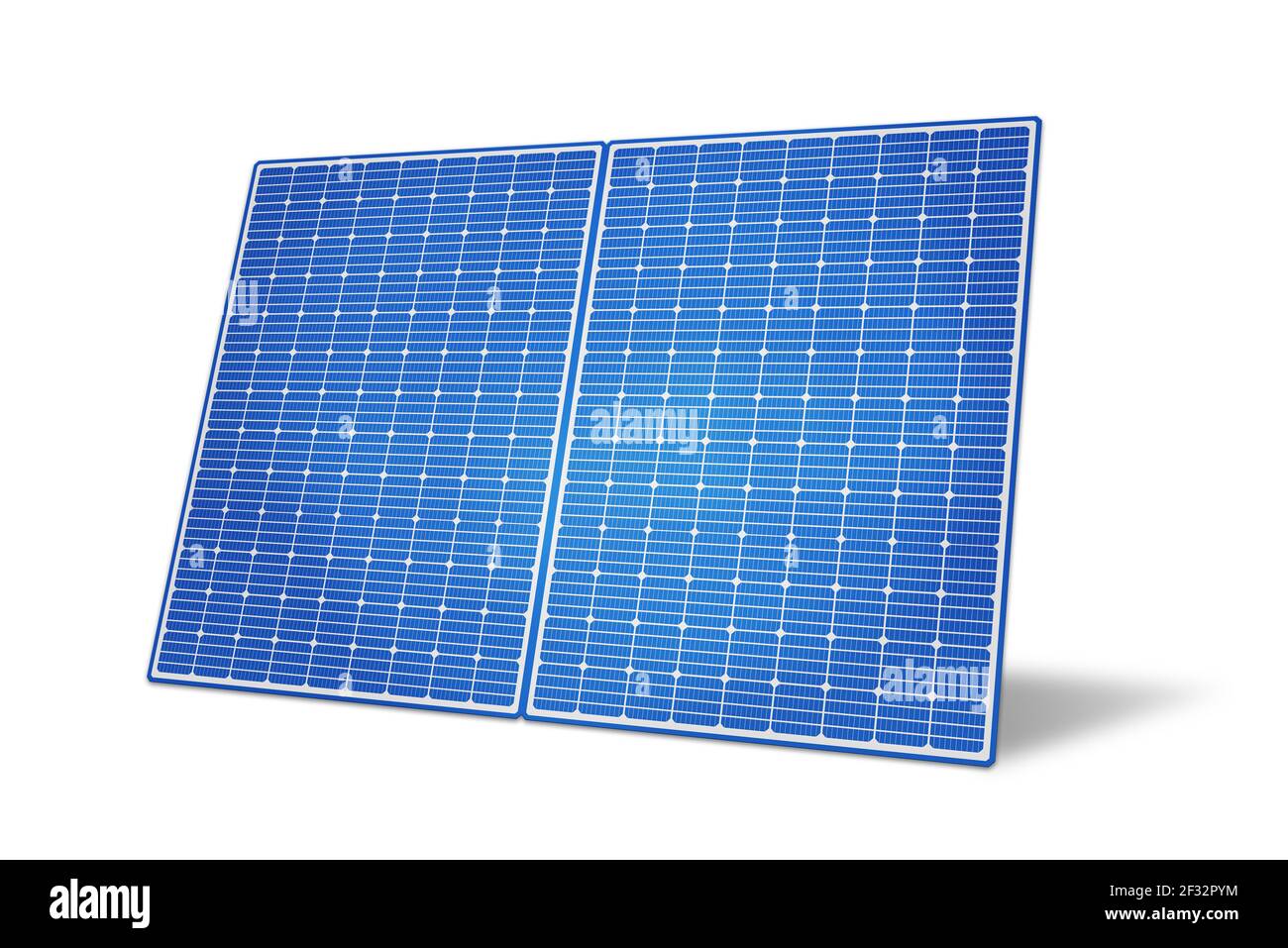 Solarpanel-Abbildung mit 3D Render auf weißem Hintergrund. Photovoltaik, erneuerbare Energiequellen Konzept Stockfoto