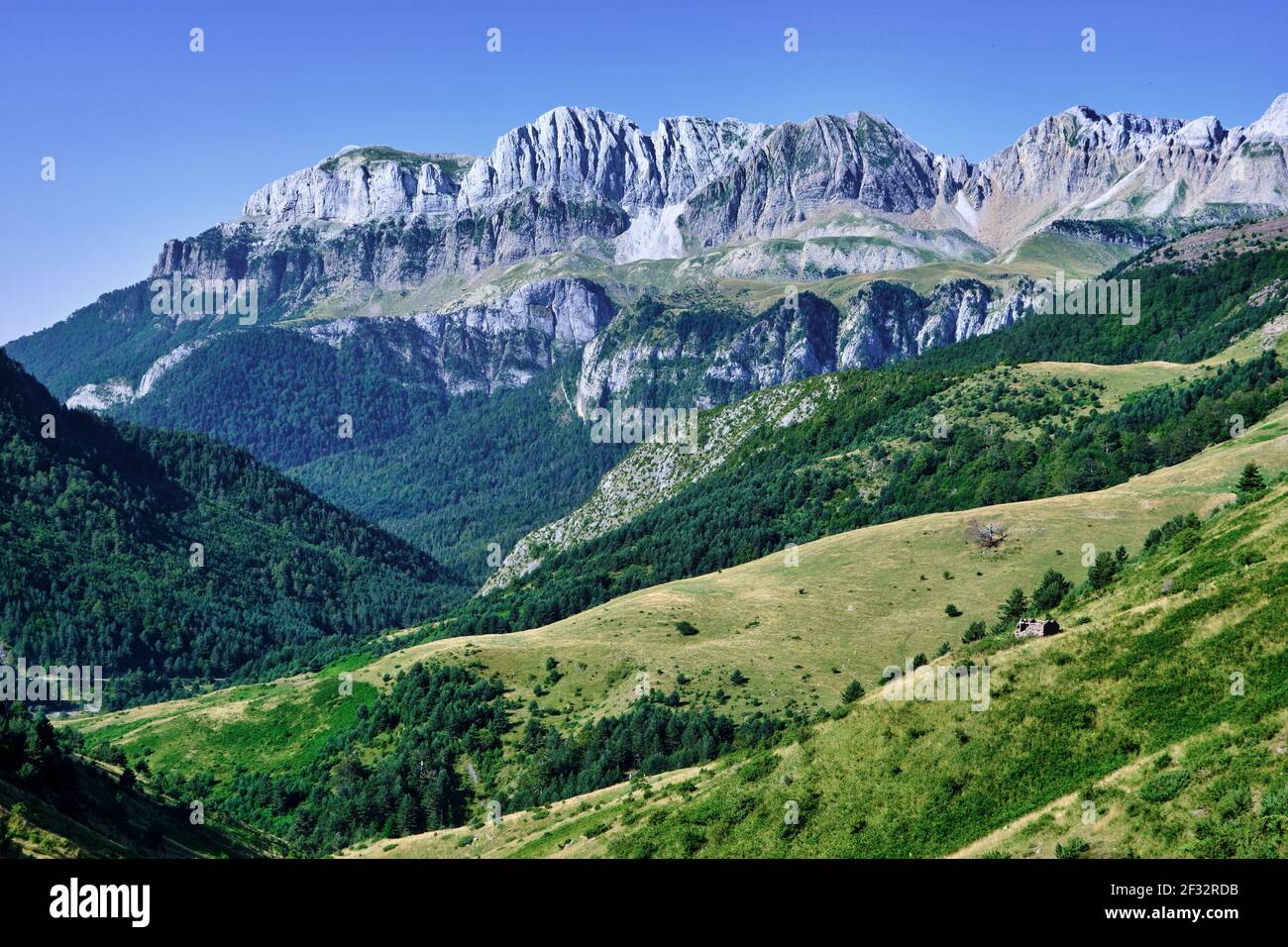 Blick auf Berge und Wiesen. Stockfoto