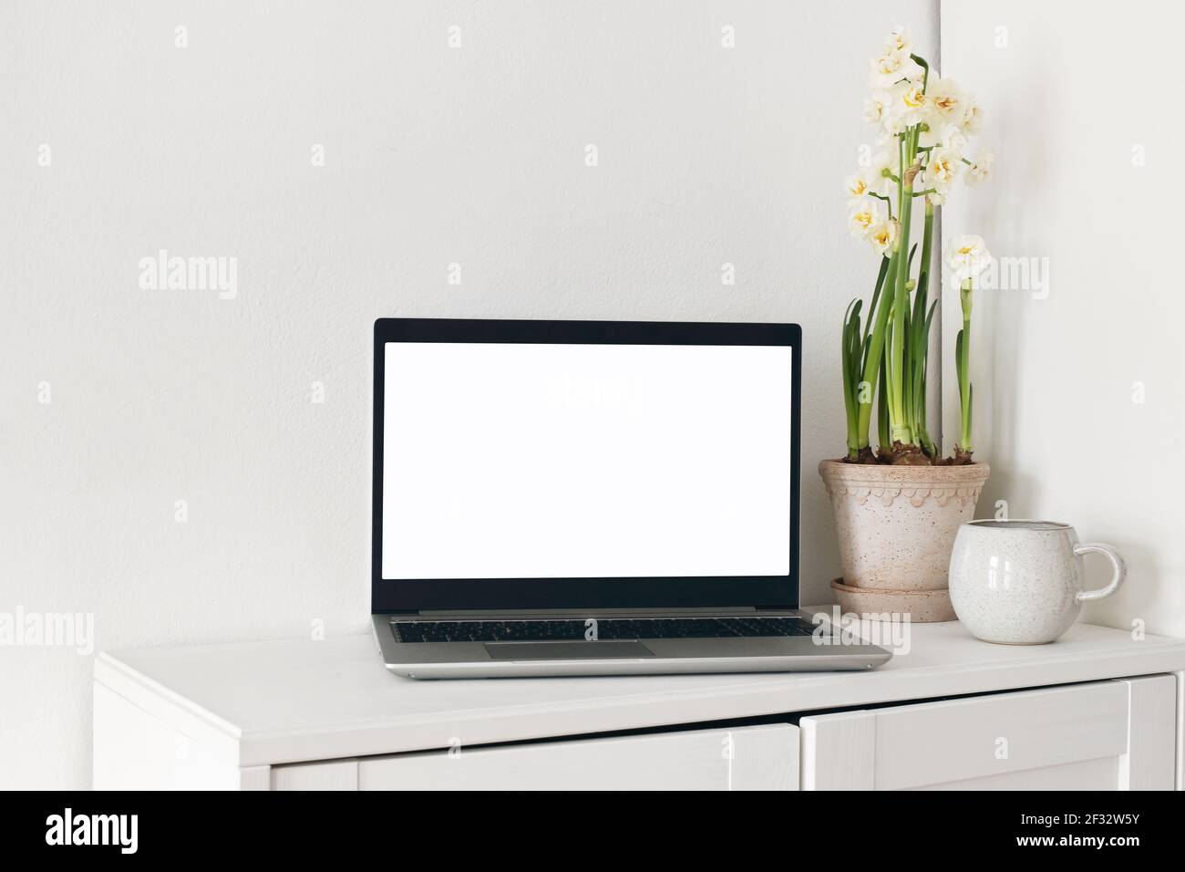 Frühling Home Office Stillleben Komposition. Laptop-Modell, leerer Computerbildschirm. Gelbe Narzissen im Blumentopf. Tasse Kaffee auf Holzschrank Stockfoto