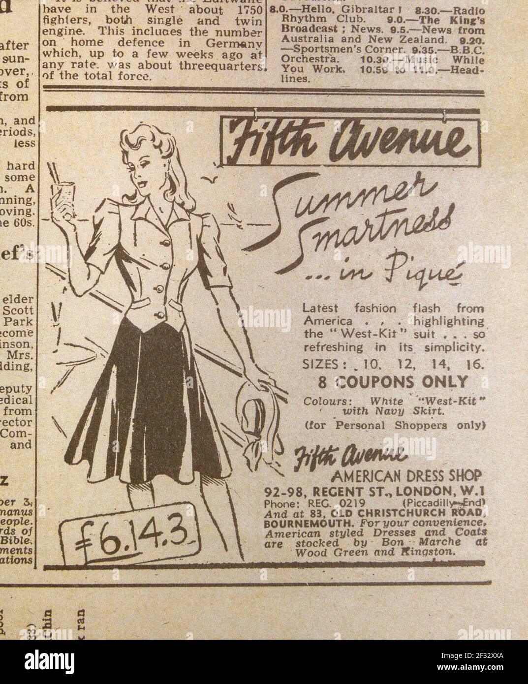 Anzeige für den American Dress Shop der Fifth Avenue in der Evening Standard Zeitung (Replik) am 6. Juni 1944. Stockfoto
