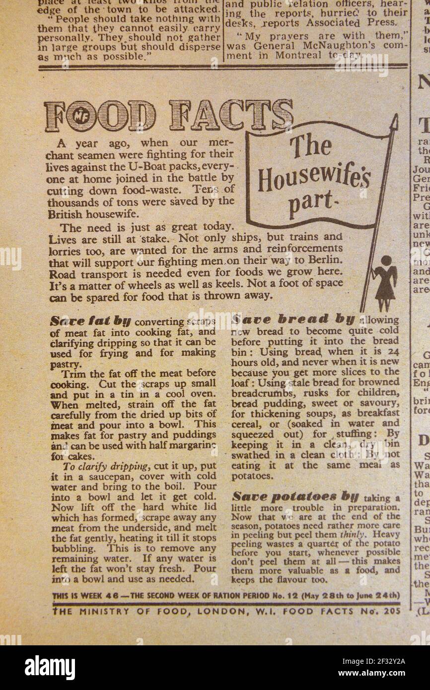 „Food Facts – The Housewife's Part“-Artikel über die Vermeidung von Lebensmittelverschwendung in der Evening Standard Zeitung (Replik) am 6. Juni 1944. Stockfoto