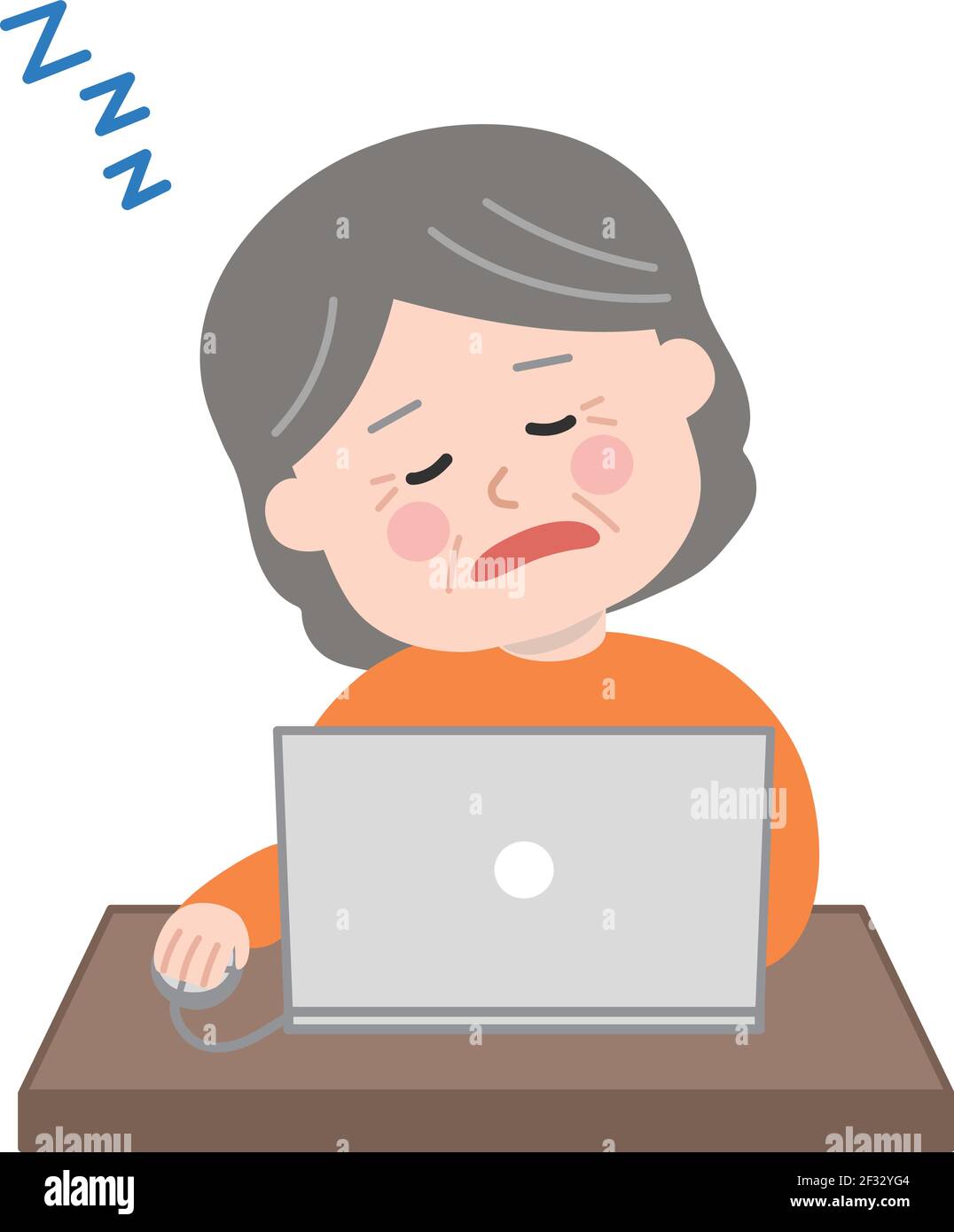 Ältere Frau, die einschläft, während sie einen Laptop benutzt. Vektorgrafik isoliert auf weißem Hintergrund. Stock Vektor