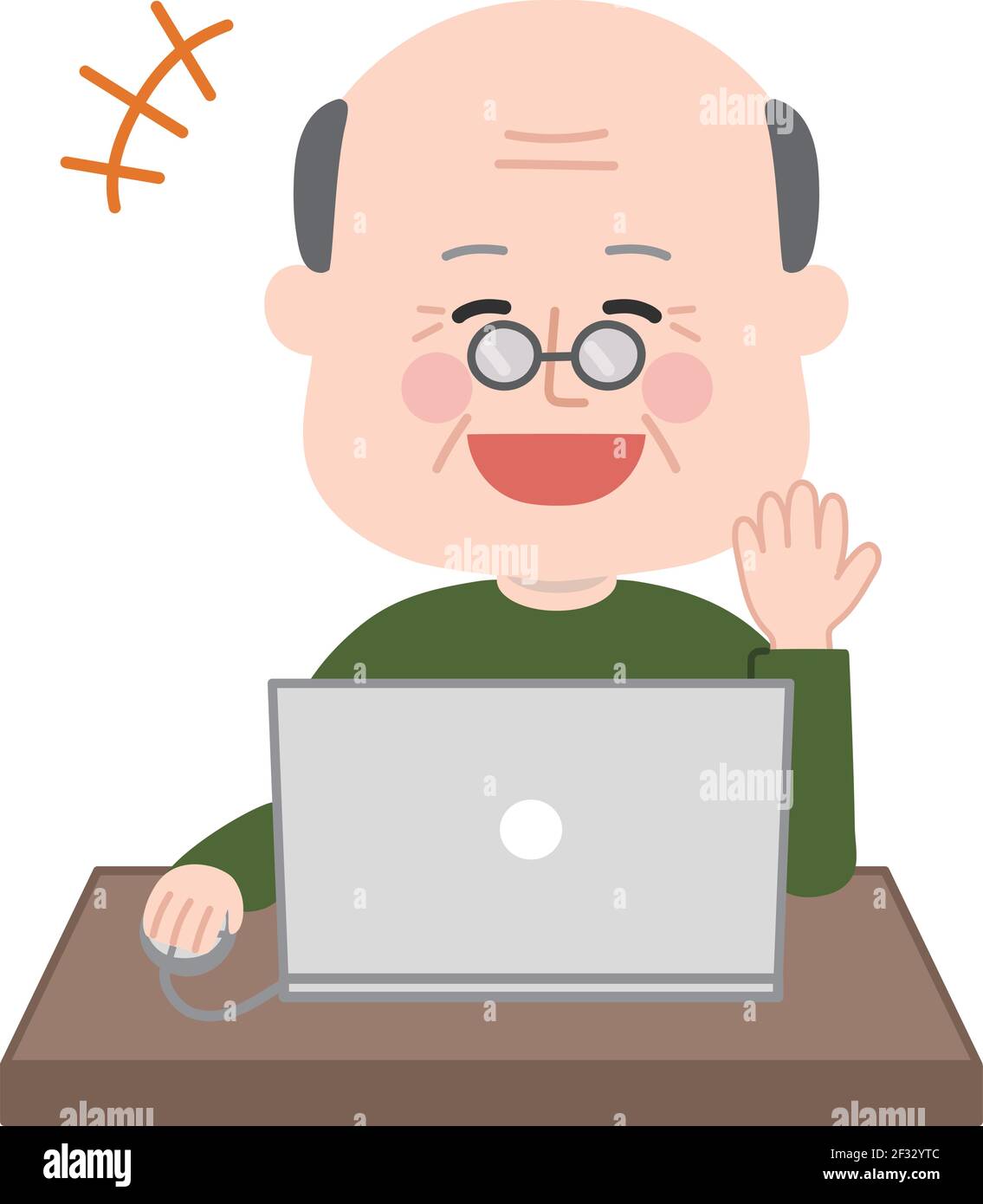 Lachender älterer Mann, der auf einen Laptop schaut. Vektorgrafik isoliert auf weißem Hintergrund. Stock Vektor