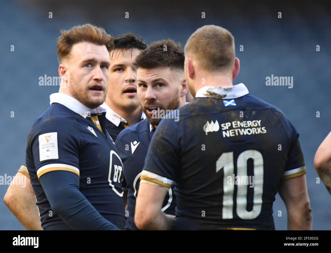 BT Murrayfield Stadium, Edinburgh, Schottland UK,14th. März 21. Guinness Six Nations Spiel.Schottland gegen Irland. L/r Stuart Hogg Captain, Sam Johnson, Ali Price & Finn Russell ( of Scotland Credit: eric mccowat/Alamy Live News Stockfoto