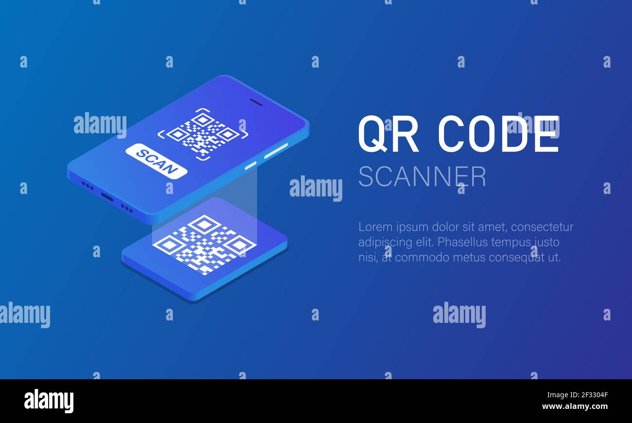 Scannen von QR-Codes. Ein Mobiltelefon mit Scanner liest den qr-Code im isometrischen Stil Vektor-Illustration EPS 10 Stock Vektor