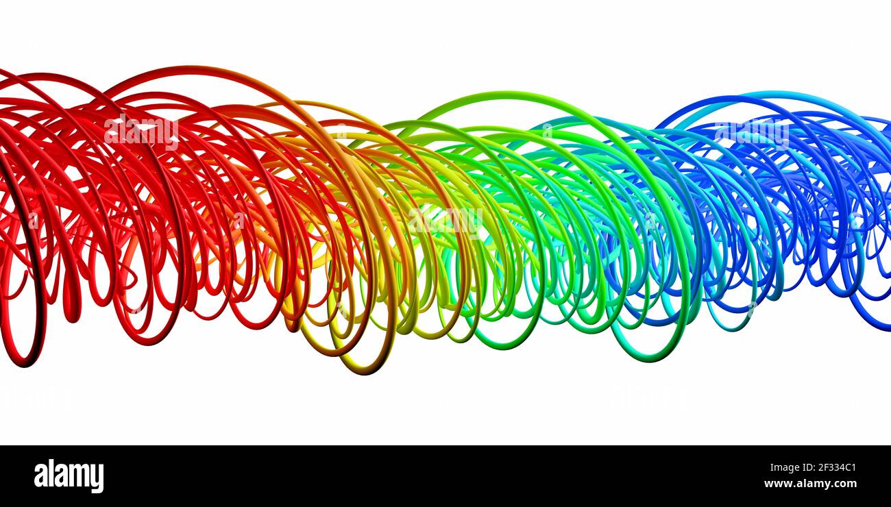 Abstract moderne dynamische Regenbogen Spektrum farbige fließende Kurve wirbeln oder wirbeln Spiralform Linien isoliert auf weißem Hintergrund, 3D Illustration Stockfoto