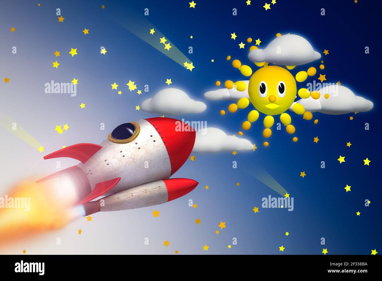 3D Rendering einer Rakete in den Himmel mit gestartet Die Sterne und die Sonne Stockfoto