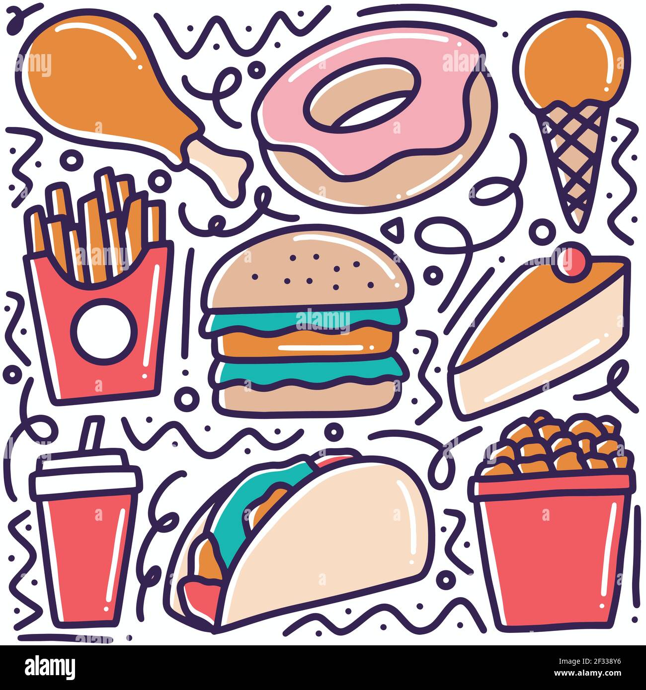 Handgezeichnetes Fast Food Doodle Set Stock Vektor