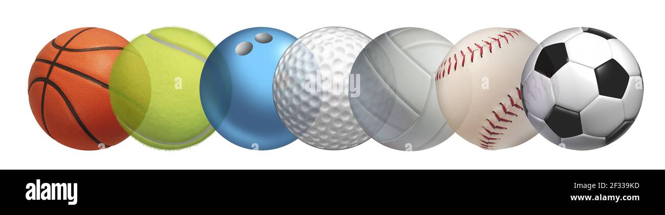 Design-Element für Sportgeräte mit Basketball, Baseball, Fußball, Tennis und Golfball, einschließlich Bowling als gesunde Erholung. Stockfoto