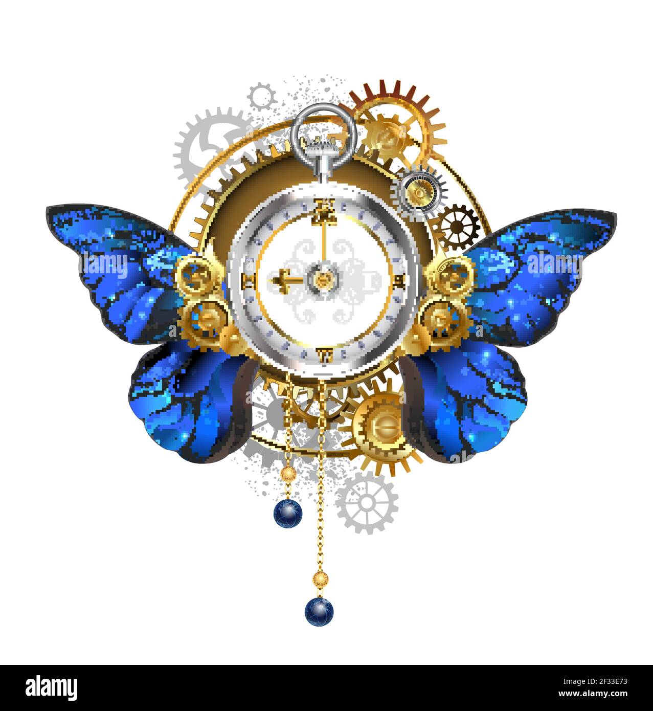 Antike, silberne Steampunk-Uhr mit blauen, realistischen Flügeln des Morpho-Schmetterlings, mit Zifferblatt mit römischen Ziffern aus Gold, Messing und grauem gea Stock Vektor