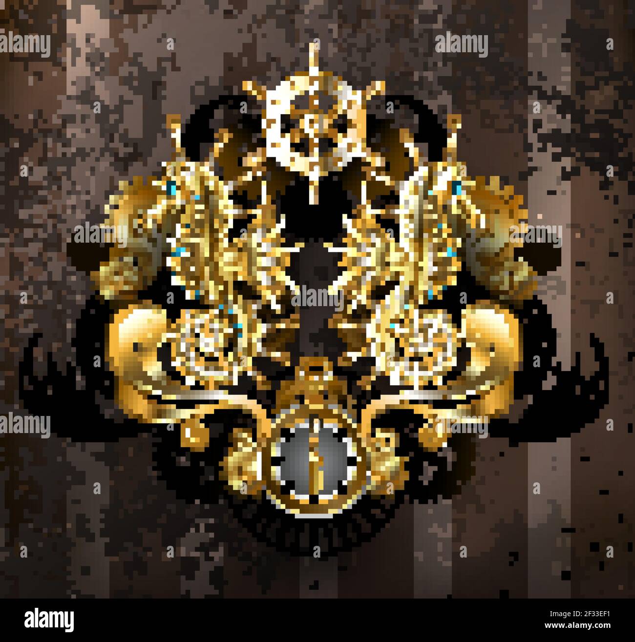 Symmetrische Zusammensetzung von mechanischen, Gold Seepferdchen, Messinggetriebe, antiken Kompass, goldenes Lenkrad auf braun gestreiften Shabby Hintergrund. Steampu Stock Vektor