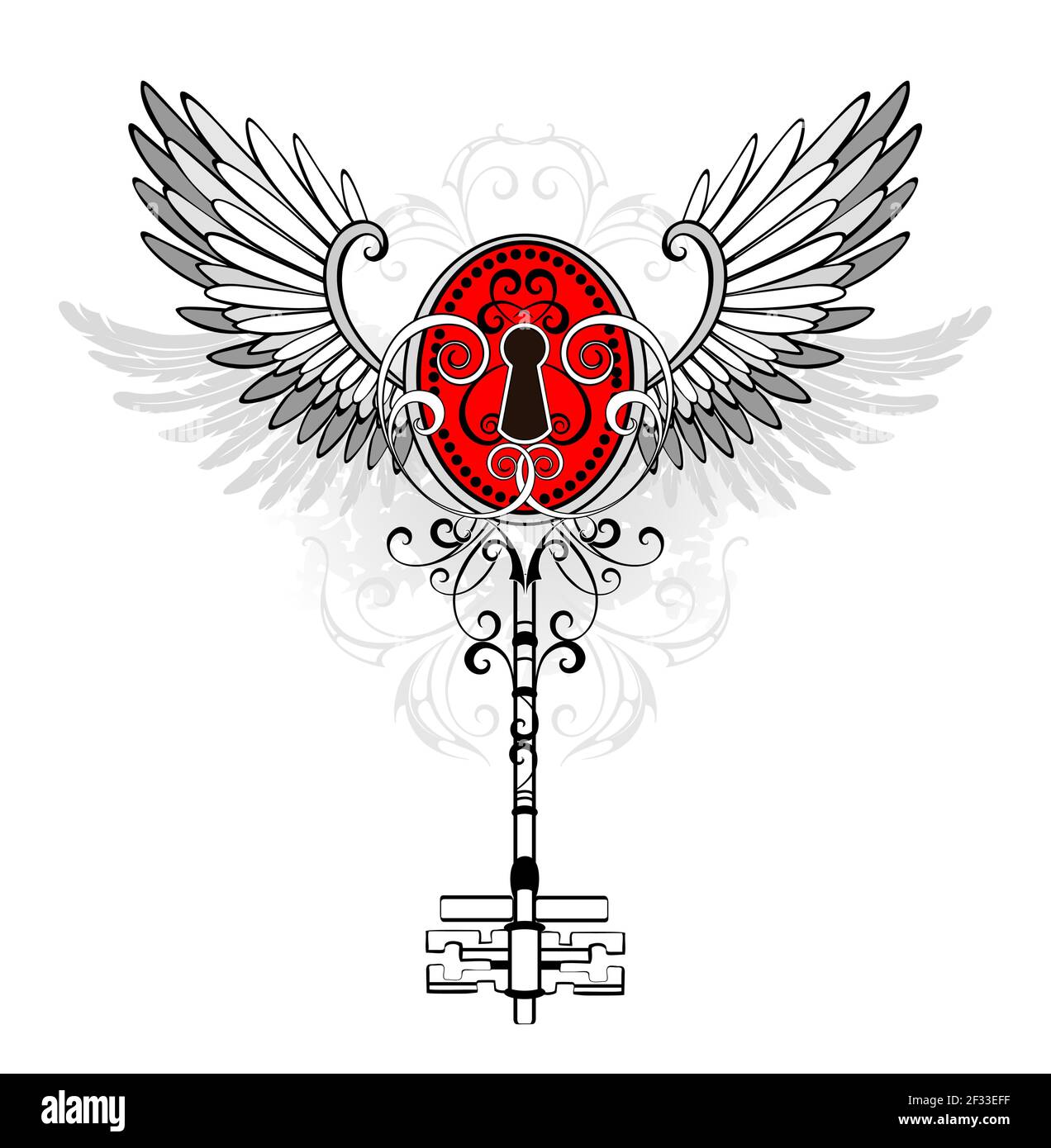 Kontur, gemusterter, antiker Schlüssel mit rotem Schlüsselloch, verziert mit grauen Flügeln auf weißem Hintergrund. Steampunk-Style. Stock Vektor