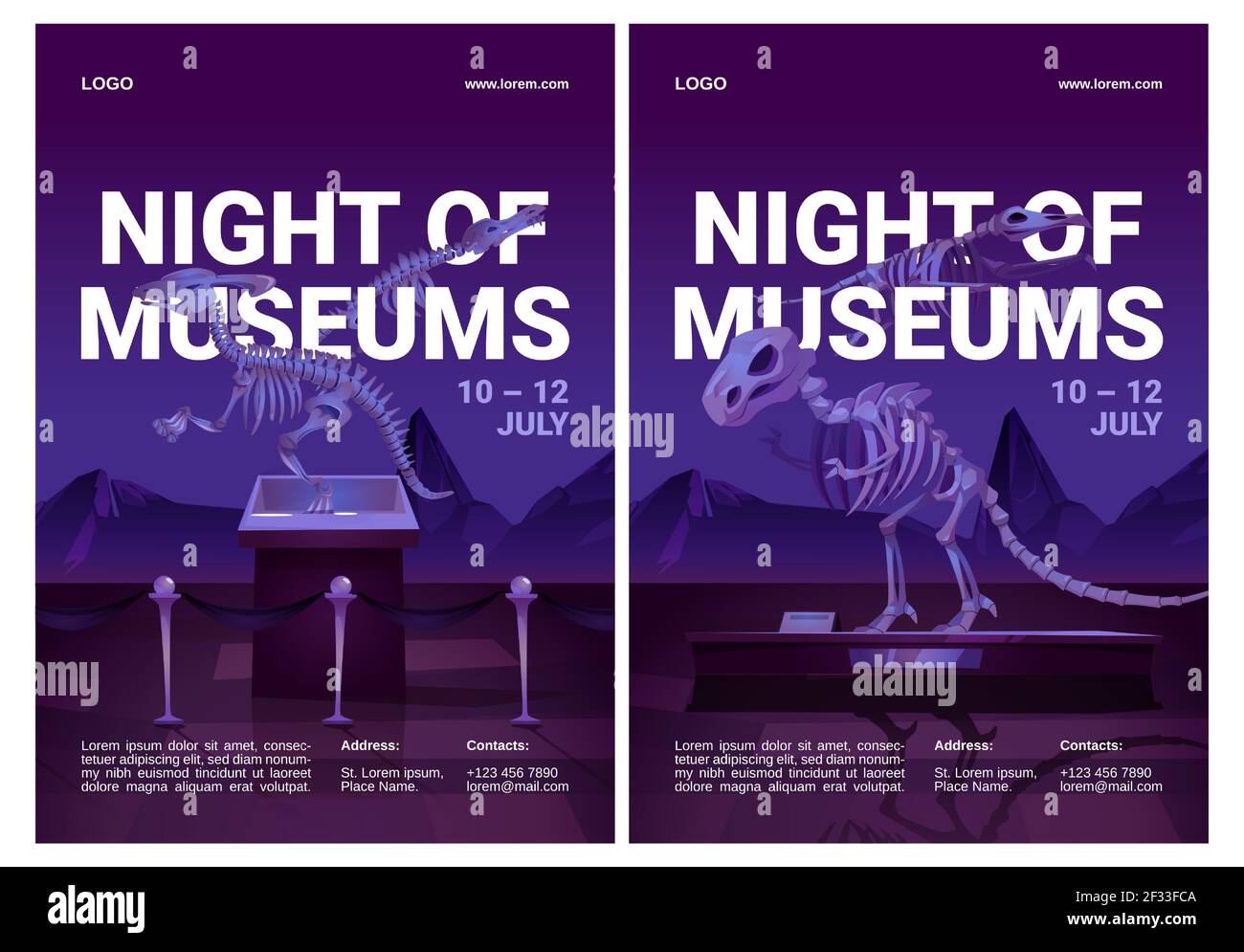 Nacht der Museen Flyer mit Dinosaurierskeletten Stock Vektor