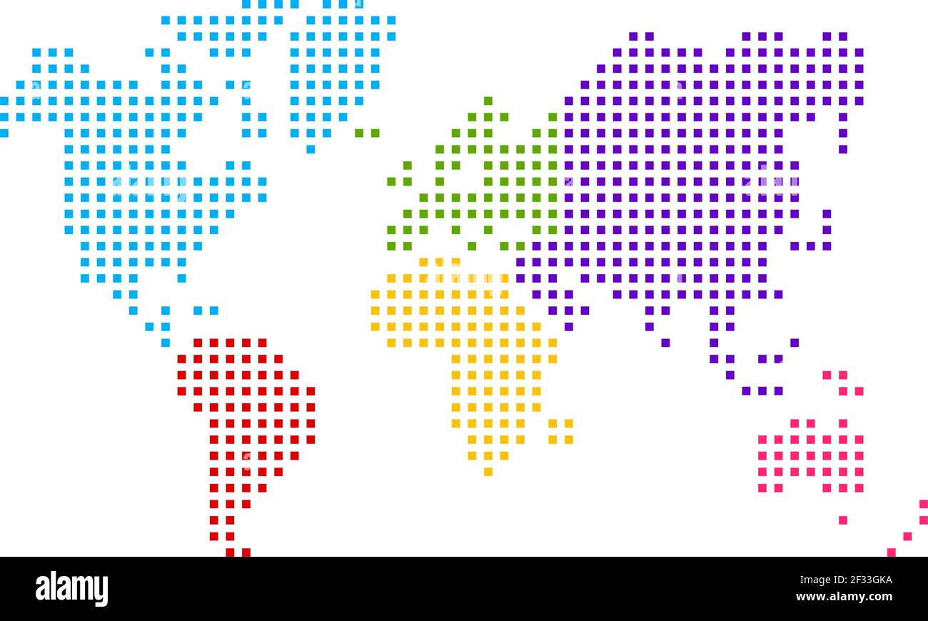 Vereinfachte Weltkarte mit runden Punkten gezeichnet. Vektorgrafik (verschiedene Farben für jeden Kontinent) Stock Vektor