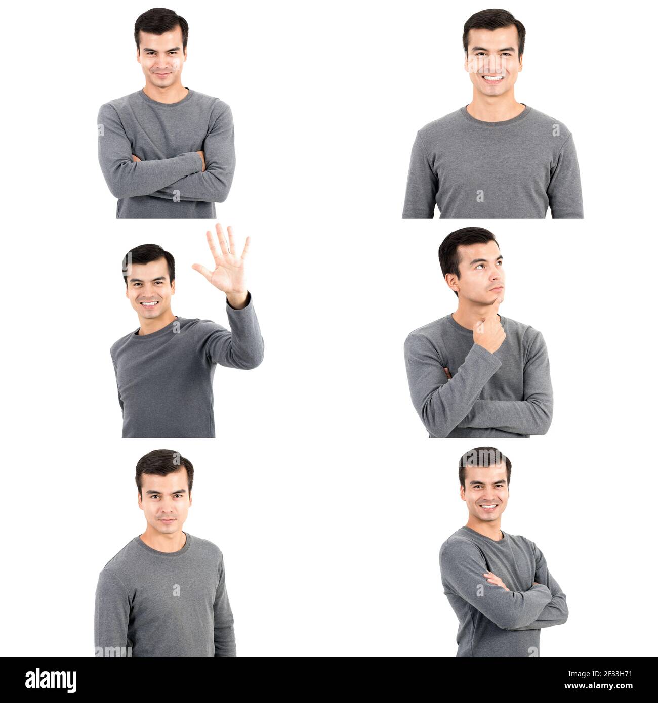 Set von jungen Mann trägt graue Langarm-T-Shirt in Verschiedene Gesten und Emotionen Stockfoto