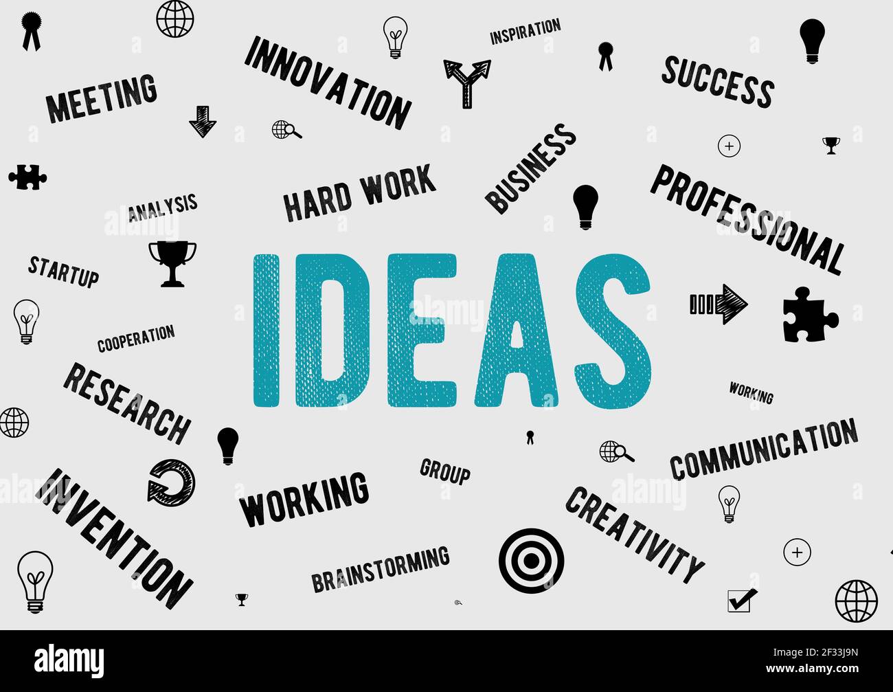 Ideenkonzept. Geschäftswörter in weißem Hintergrund mit blauen Farbe Ideen Begriff. Business-Symbol und Symbol-Idee. Business Keywords mit Business-Icons Stockfoto