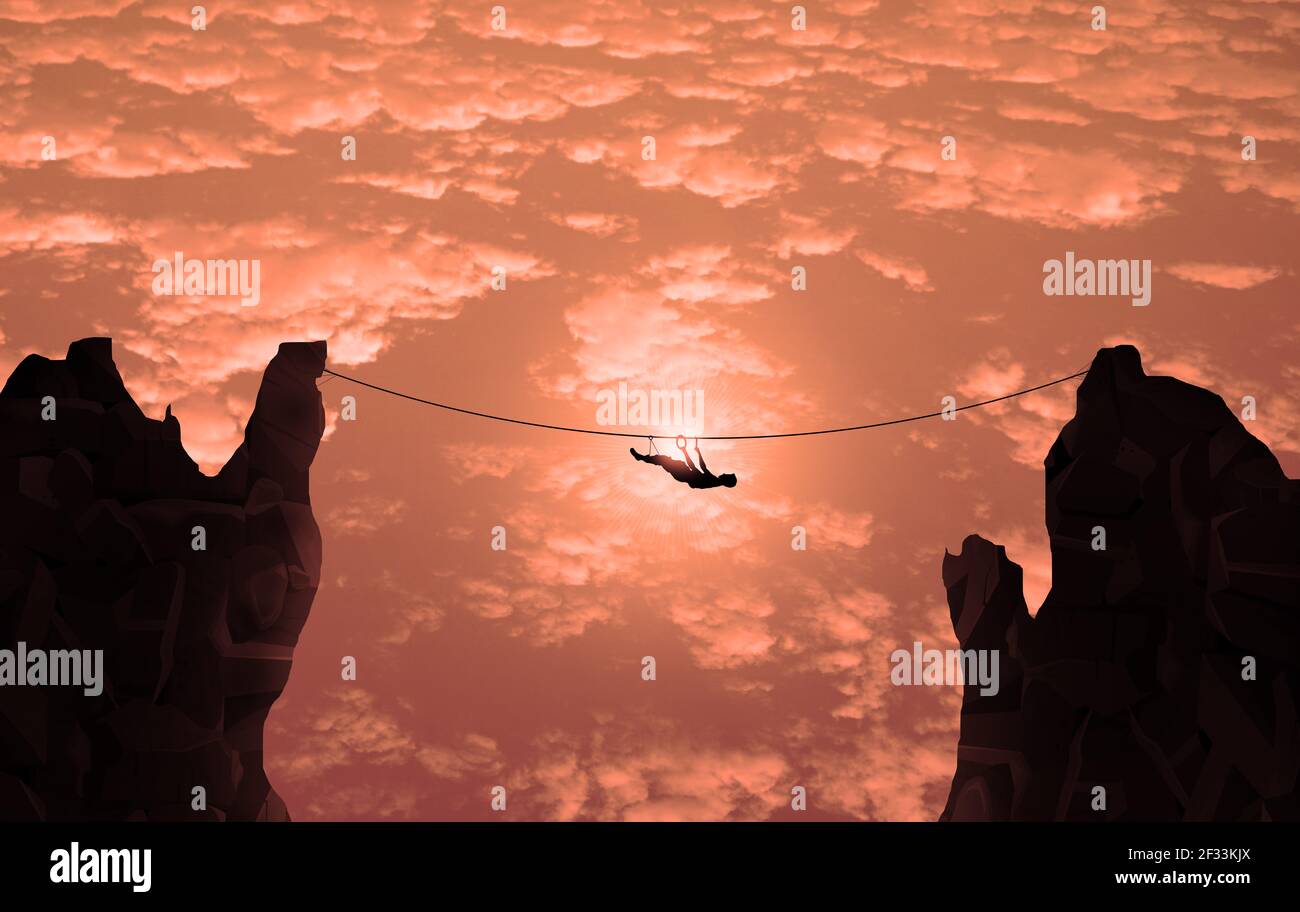 Junger Mann balanciert am Seil zwischen zwei hohen Klippen. Geschäft Risiko nehmen Konzept. Gefahr Hobby, Blue Sky und Herausforderer Geschäftsmann Klippe Konzept Stockfoto