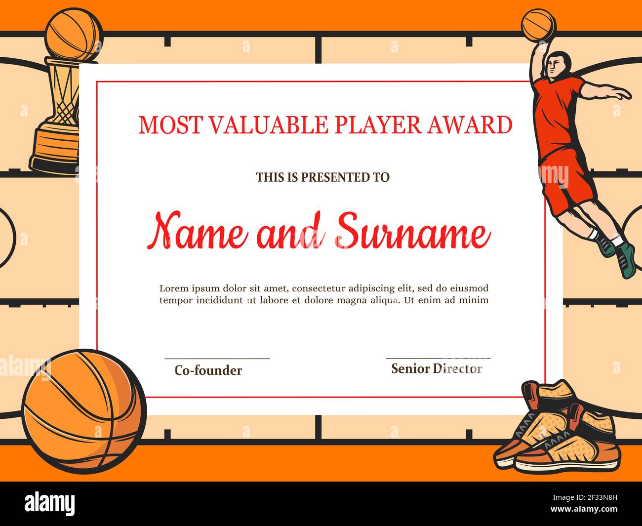 Zertifikat für Basketball wertvollsten Spieler. Sport Club Award For Basketball Certificate Template