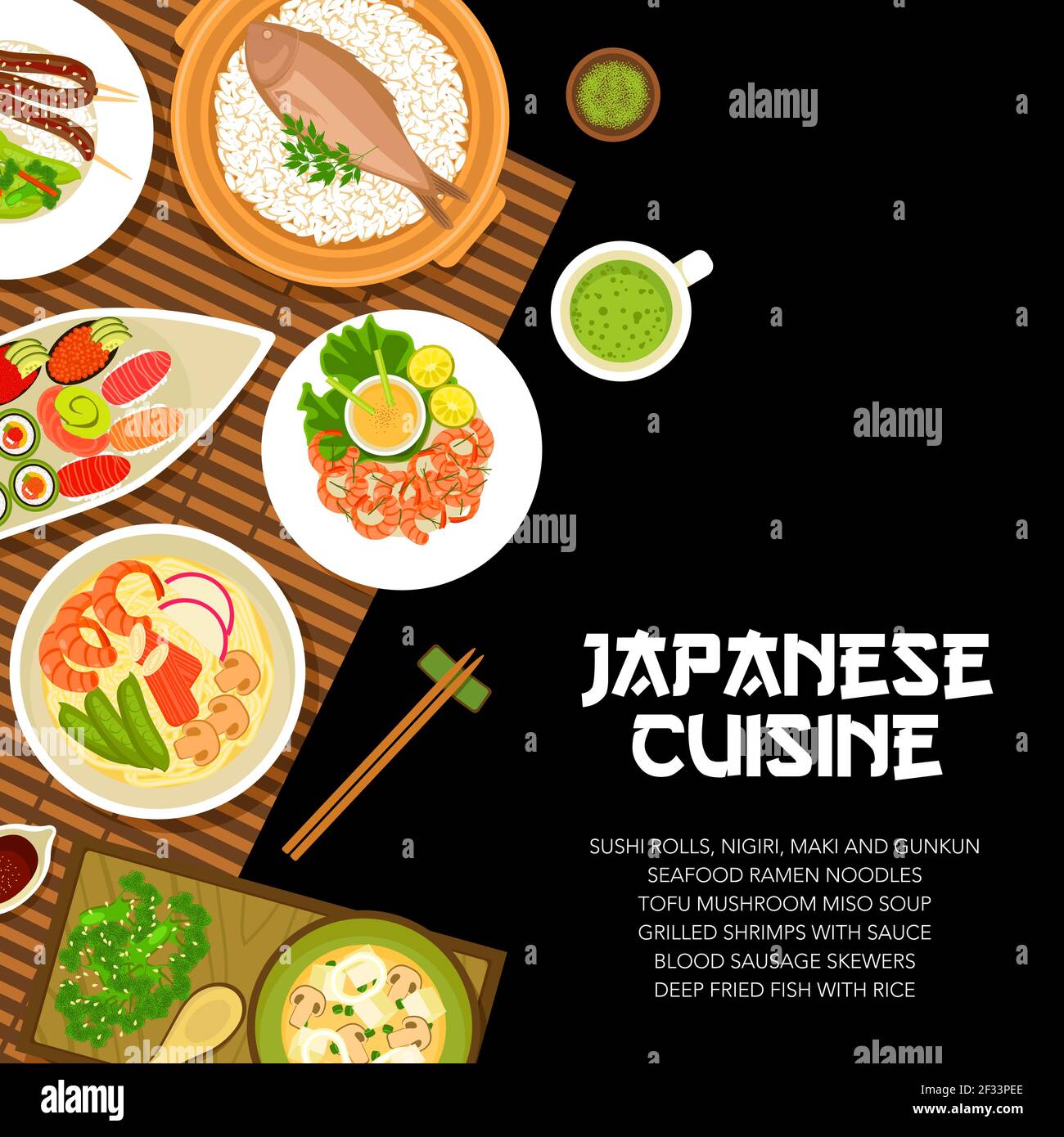 Japanische Küche, japanische Gerichte und Mahlzeiten, Vector Nudelnudeln Ramen und Sushi-Brötchen. Japanische Küche, Restaurant, traditionelle asiatische Tofu, Miso Stock Vektor