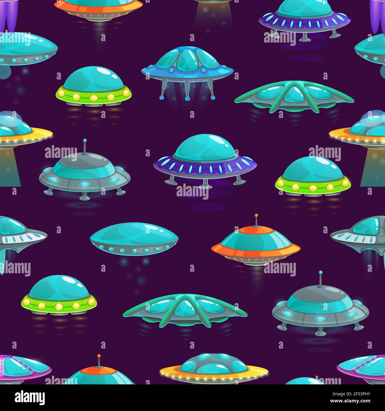 UFO Vektor nahtlose Hintergrund mit Cartoon-Muster von Alien-Raumschiff. Raumschiffe, Raketen, nicht identifizierte Flugobjekte und Untertassen mit Glaskuppeln Stock Vektor