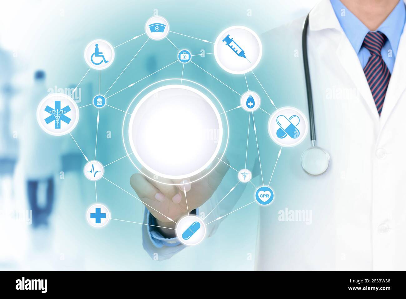 Arzt Hand berührt medizinische Netzwerk auf virtuellen Bildschirm mit leer Raum in der Mitte Stockfoto