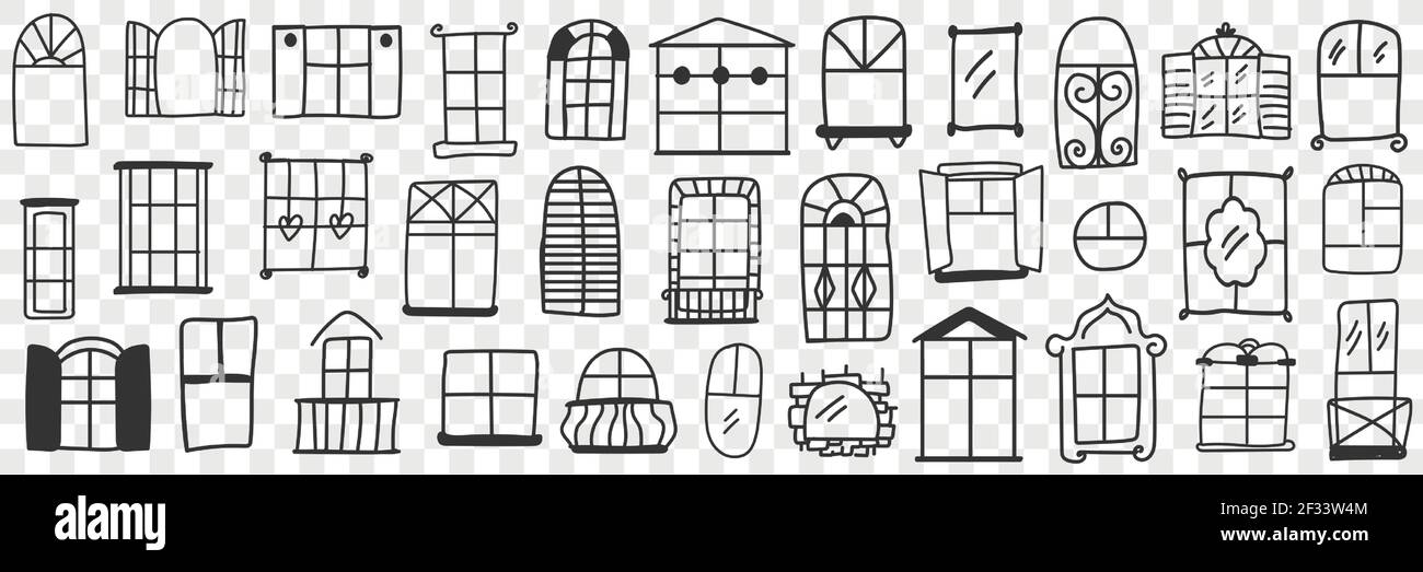 Windows und Frames Doodle Set. Sammlung von handgezeichneten verschiedenen Formen und Formen von Fenstern für Gebäude mit geschlossenen oder offenen Fensterläden isoliert auf transparentem Hintergrund Stock Vektor