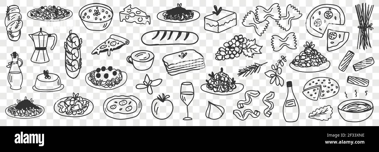 Speisen und Getränke Doodle Set. Sammlung von handgezeichneten essbaren und leckeren Brot Kuchen Obst Pizza Suppe Olivenöl und Getränke in Glas und Topf isoliert auf transparentem Hintergrund Stock Vektor