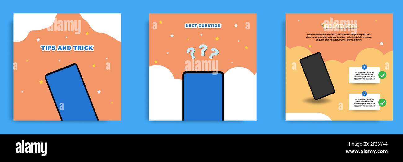 Social Media Tutorial, Tipp, Trick, Quick Tips, Layout-Vorlage mit geometrischen Hintergrund-Design in blau, weiß, gelb. Vektorgrafik Stock Vektor